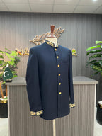 Navy Blue Collar & Sleeves Embroidered Prince Coat For Men's