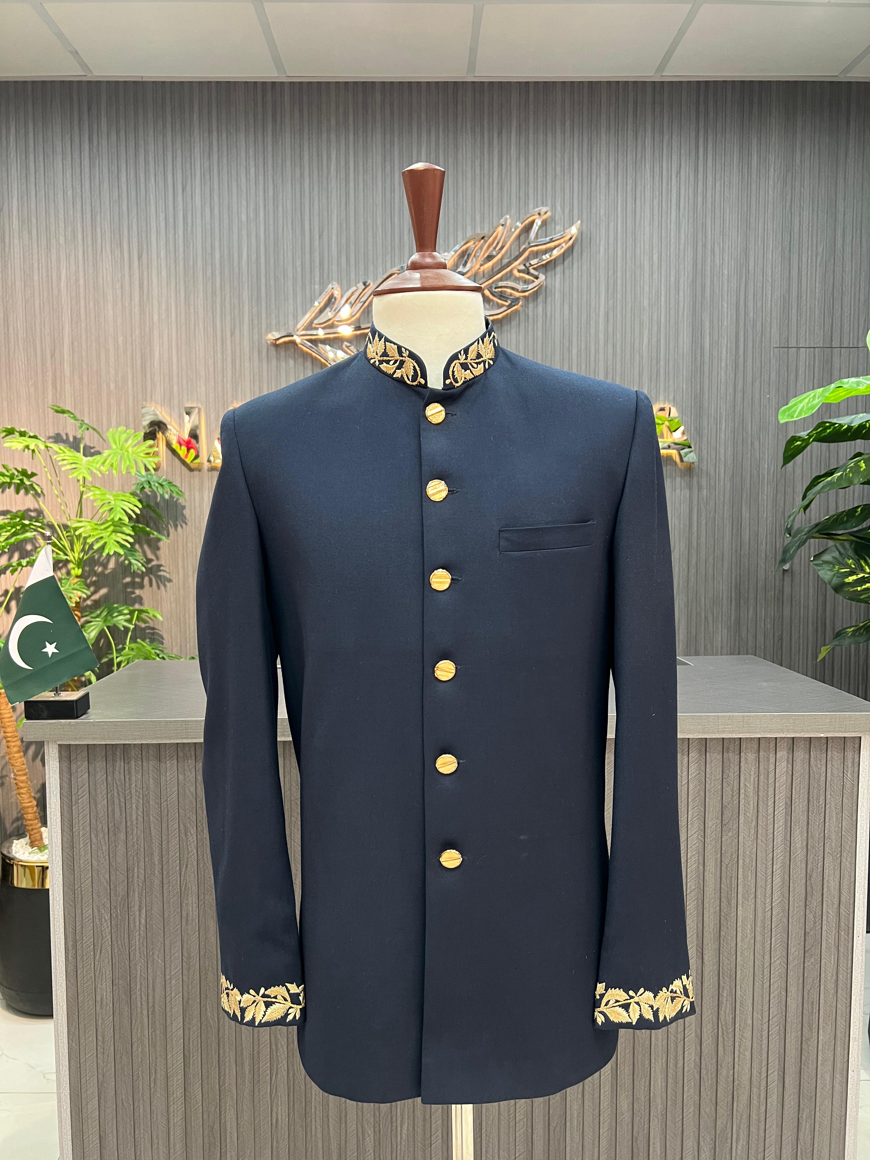 Navy Blue Collar & Sleeves Embroidered Prince Coat For Men's