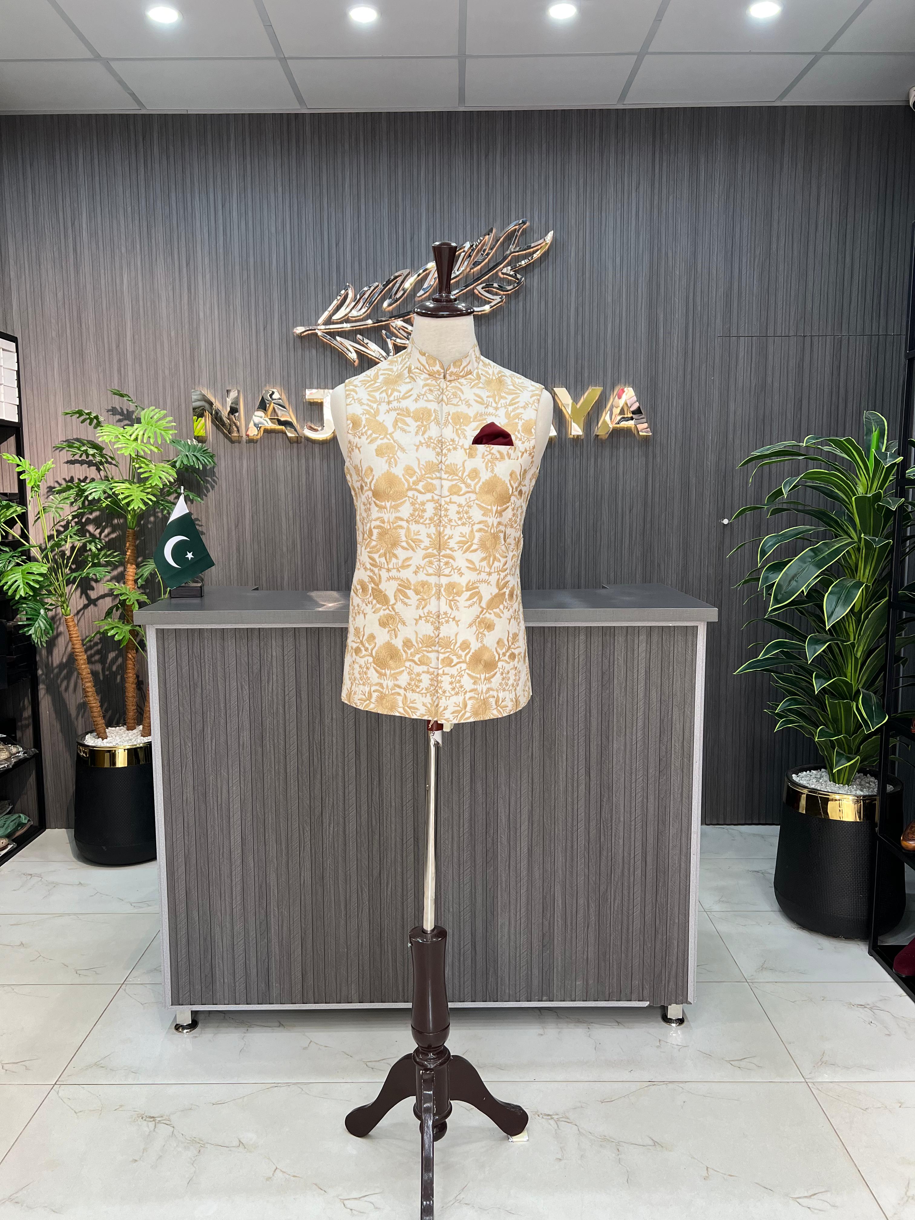 Cream Embroidery Waistcoat For Men's Main image