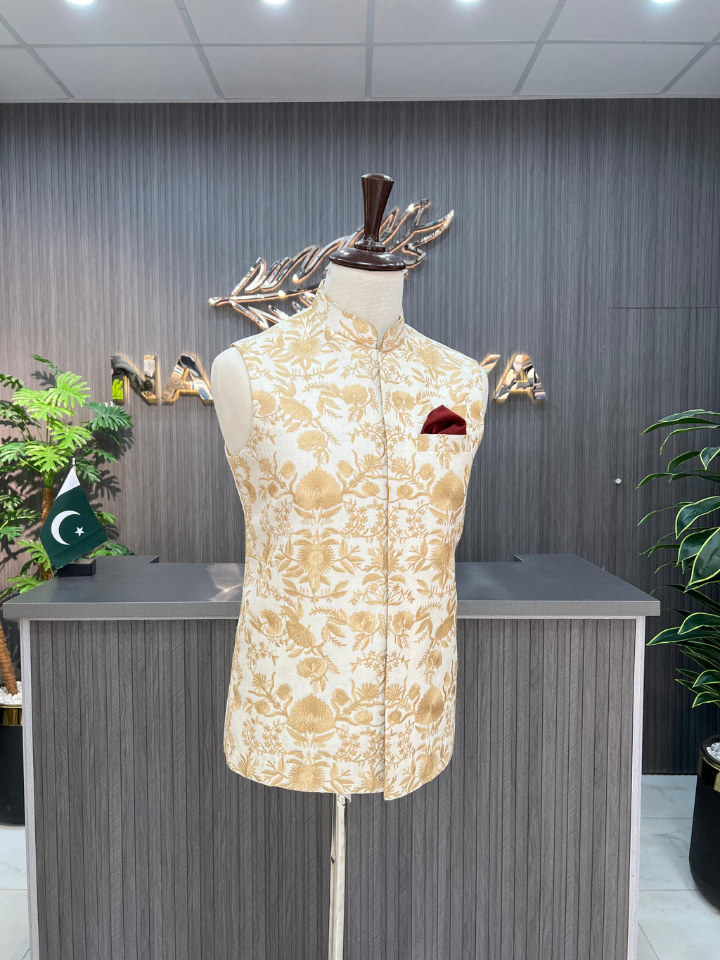 Cream Embroidery Waistcoat For Men's