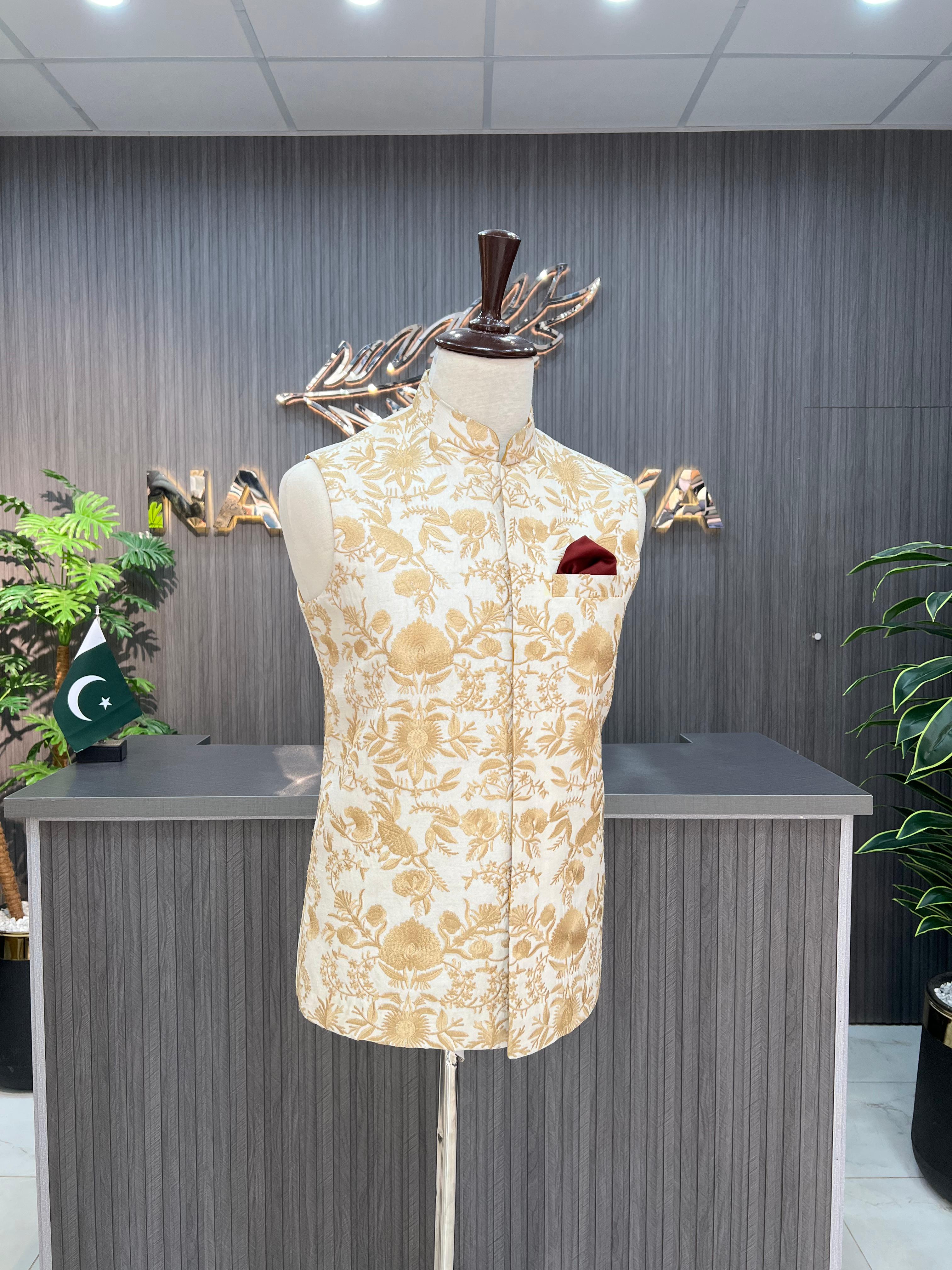 Cream Embroidery Waistcoat For Men's