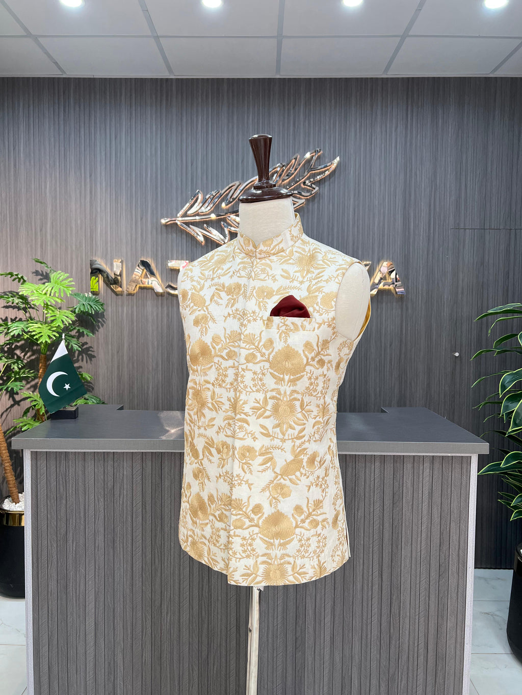 Cream Embroidery Waistcoat For Men's