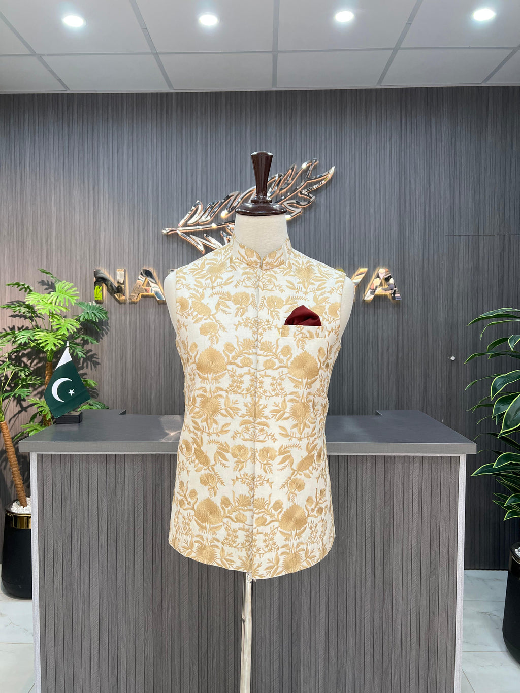 Cream Embroidery Waistcoat For Men's