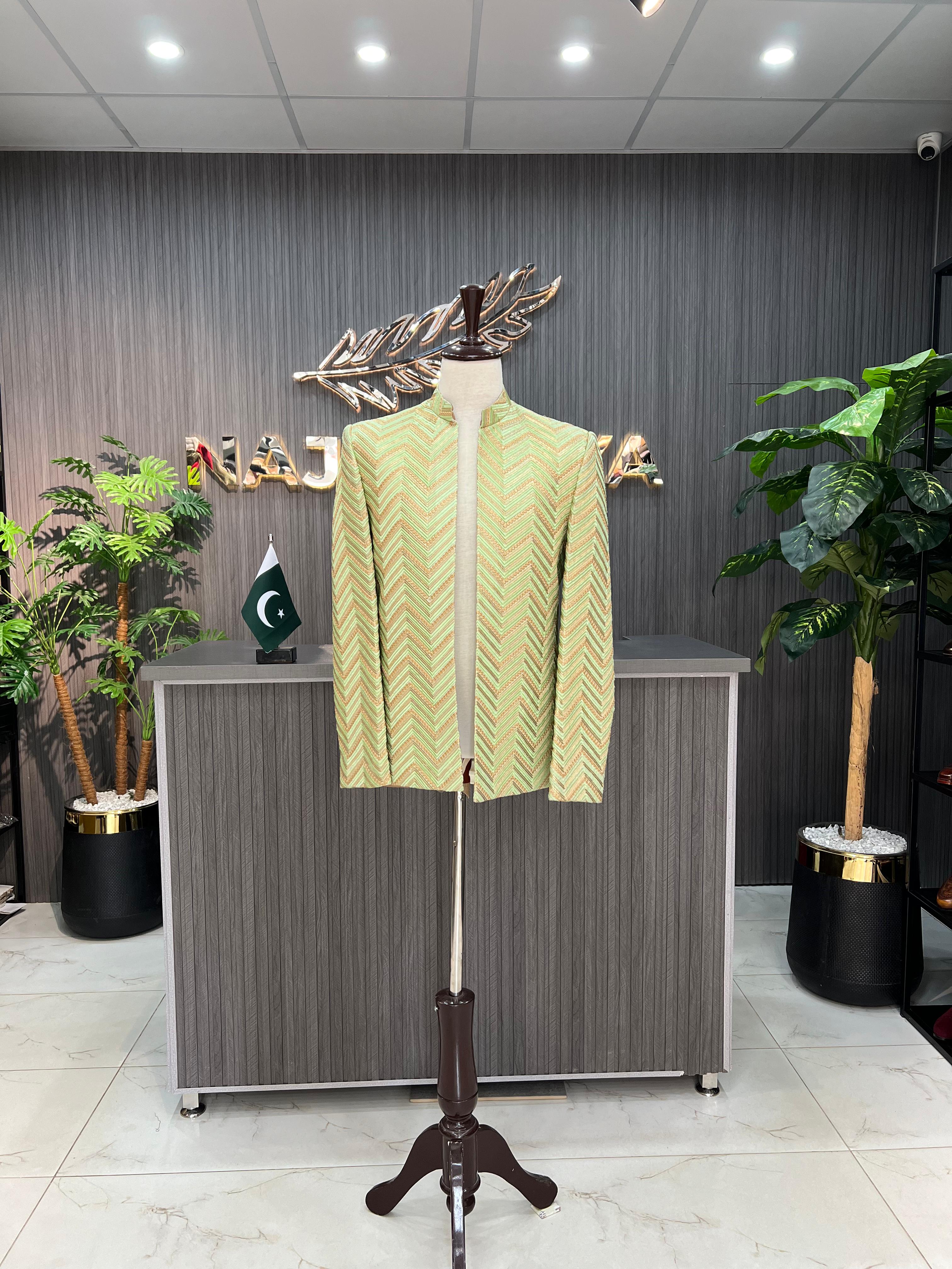 Pista Green & Golden Embroidery Prince Coat For Men's Main image