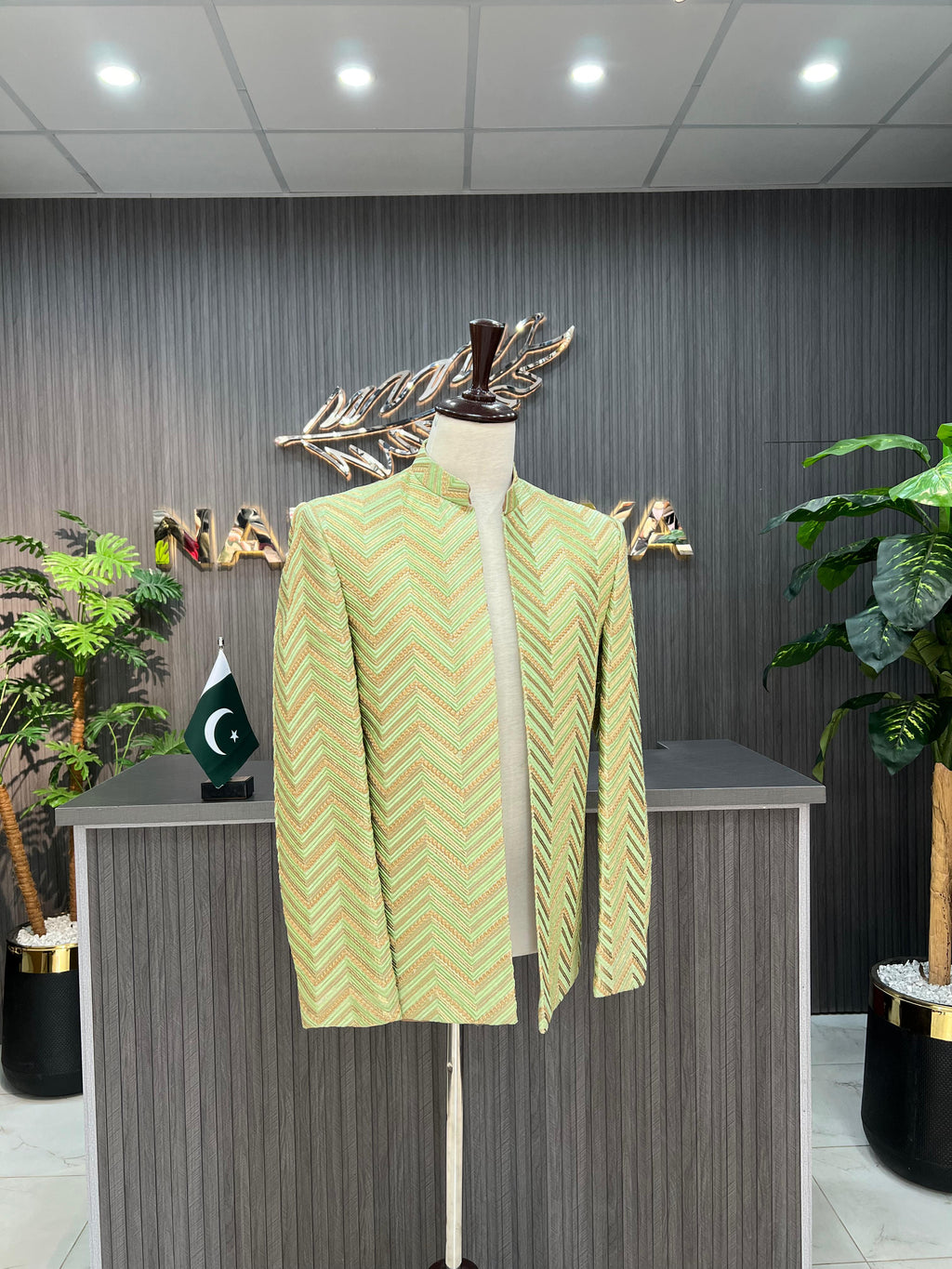 Pista Green & Golden Embroidery Prince Coat For Men's