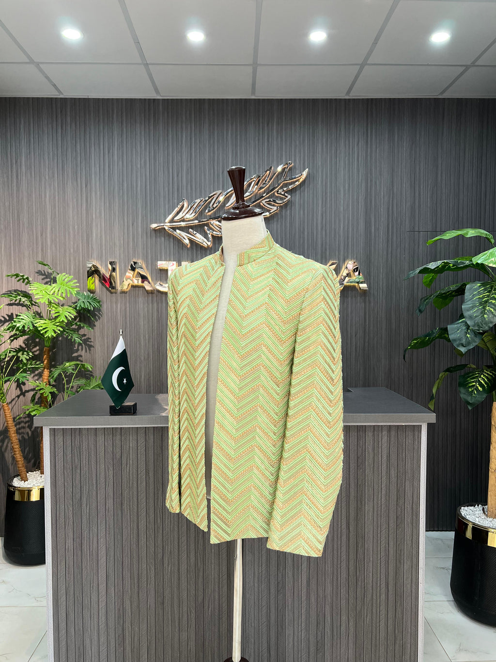 Pista Green & Golden Embroidery Prince Coat For Men's