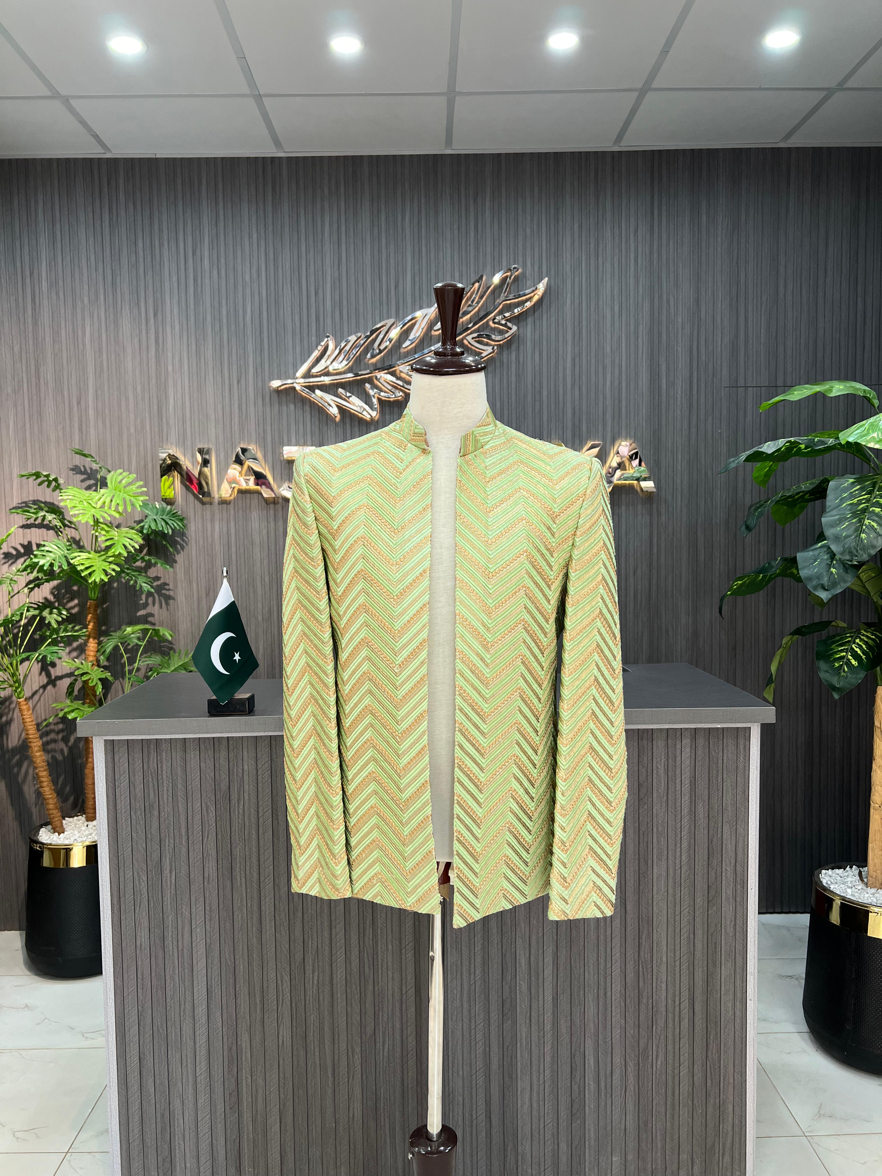 Pista Green & Golden Embroidery Prince Coat For Men's Secondary image