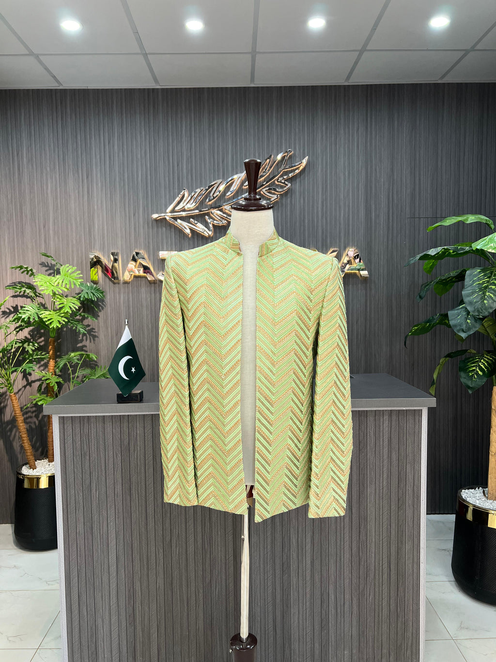 Pista Green & Golden Embroidery Prince Coat For Men's