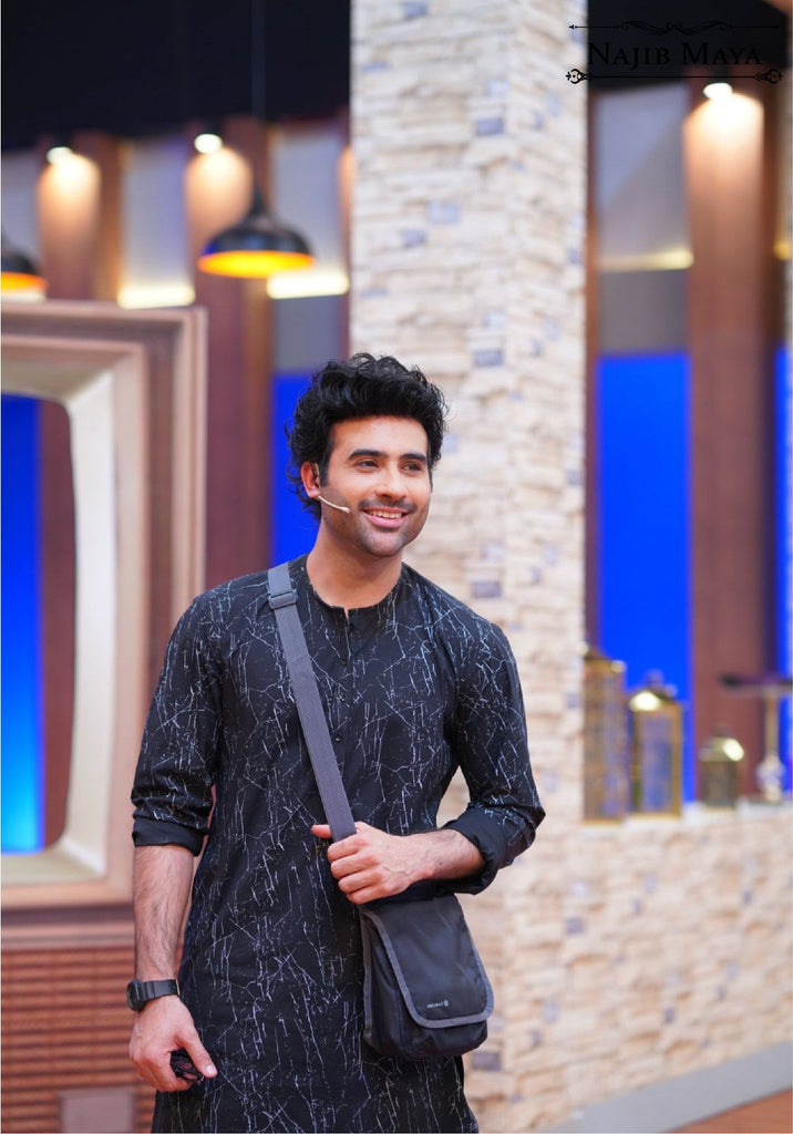 Printed Black Kurta With Bell Bottom Pajama For Men's