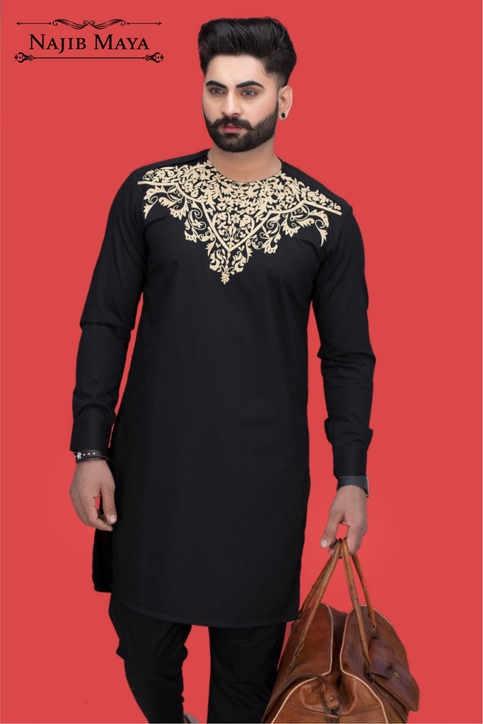 Black Front Embroidered Kurta Pajama For Men's