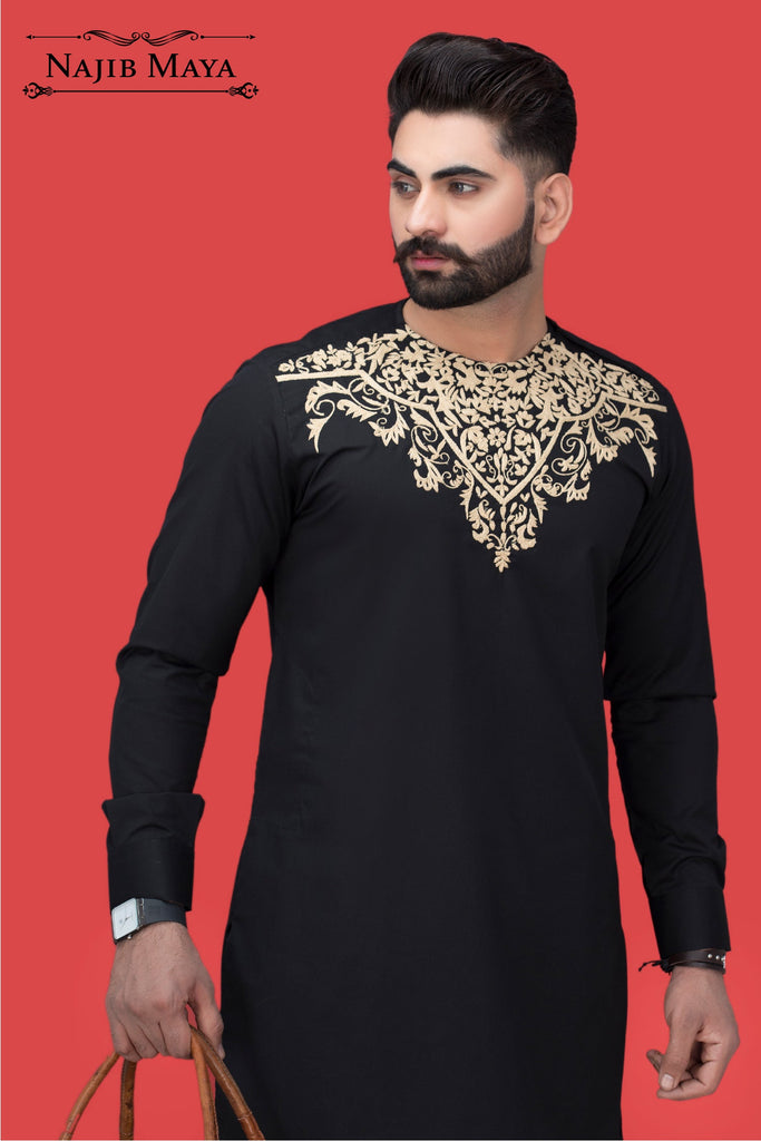 Black Front Embroidered Kurta Pajama For Men's