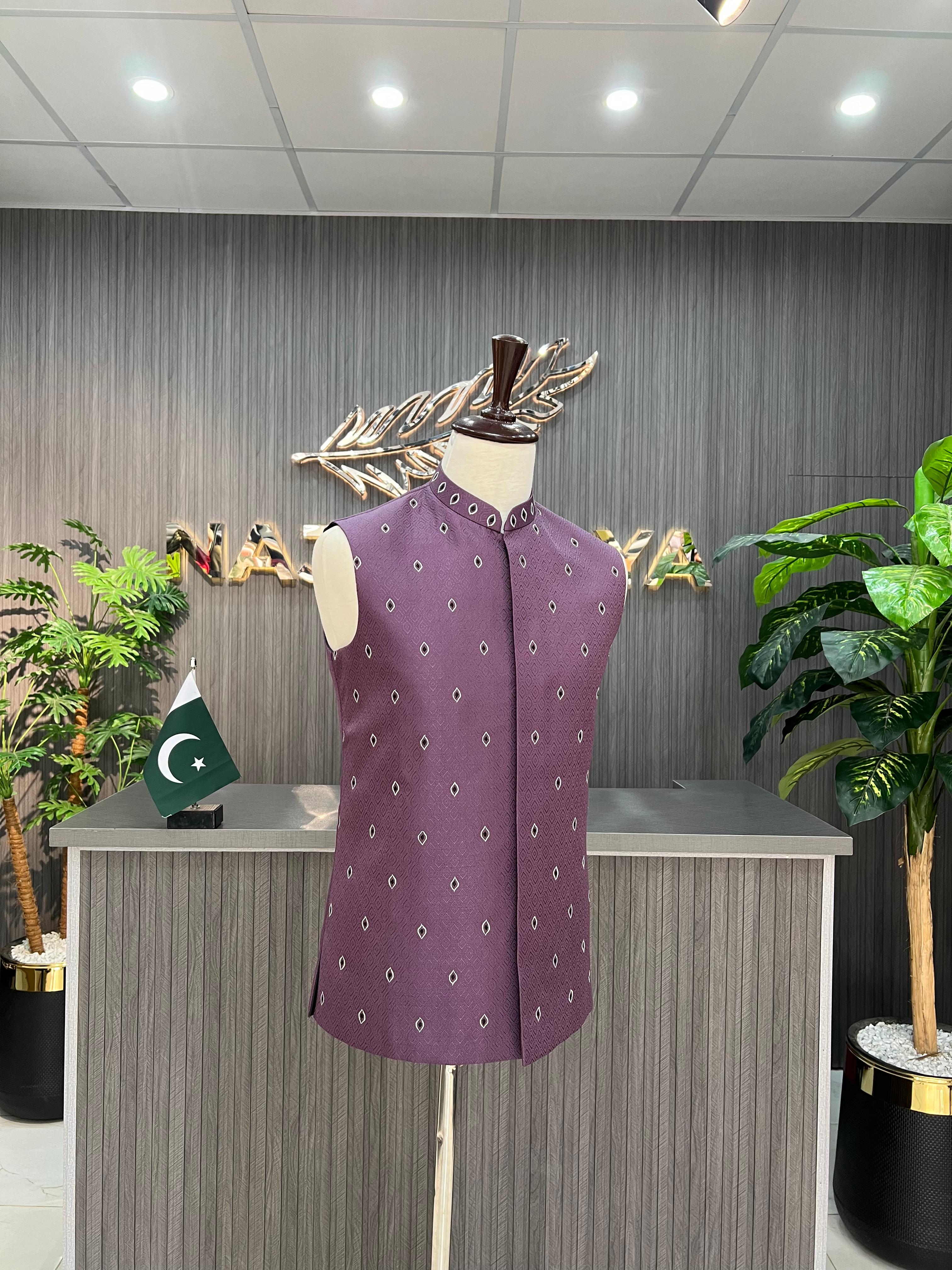 Light Purple Embroidery Waistcoat For Men's