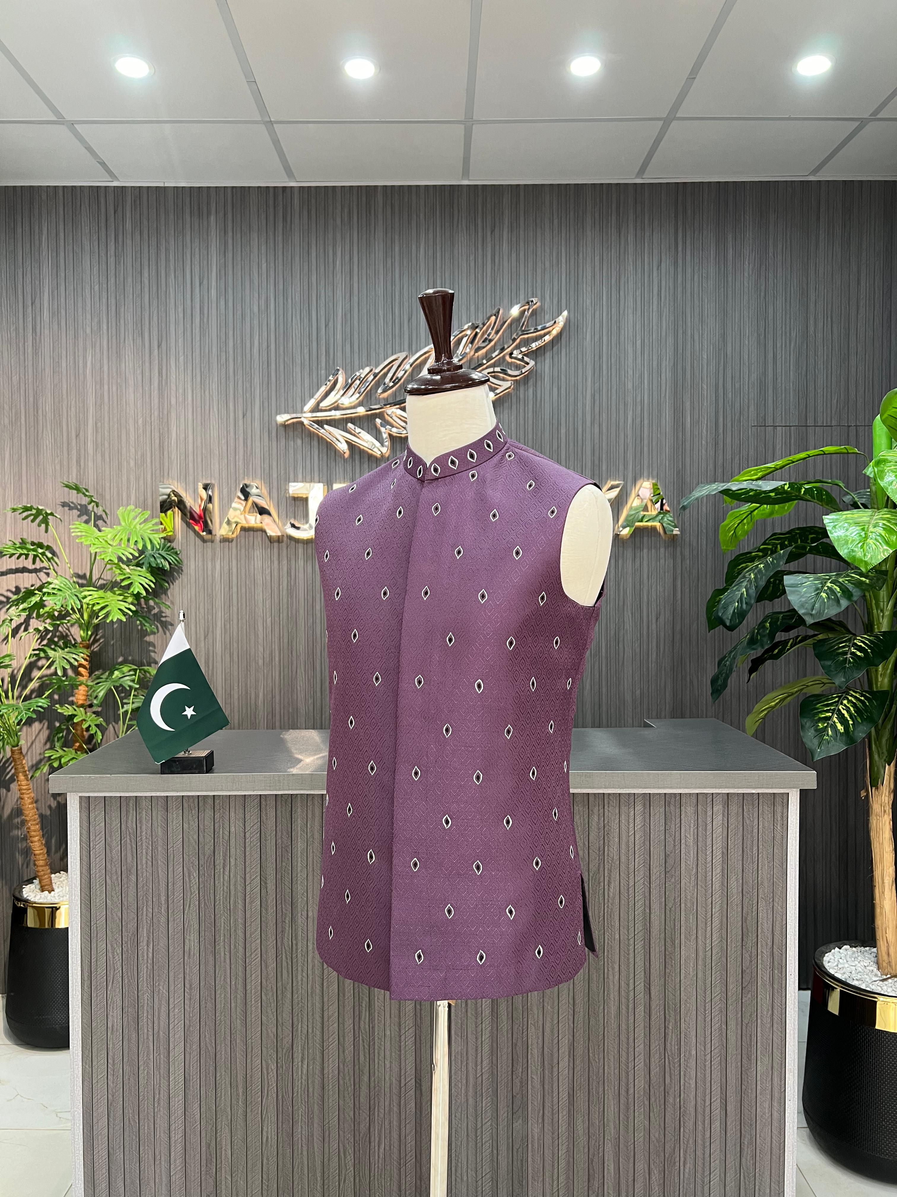 Light Purple Embroidery Waistcoat For Men's