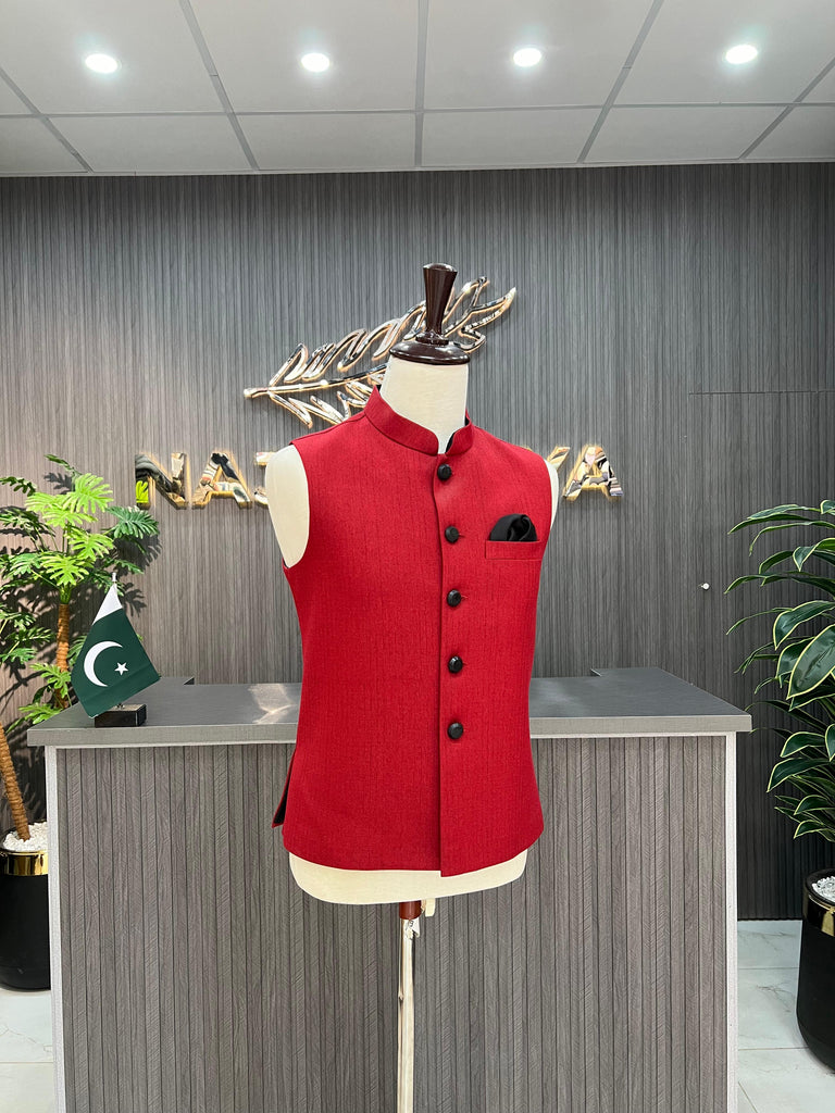 Red Plain Waistcoat For Men's