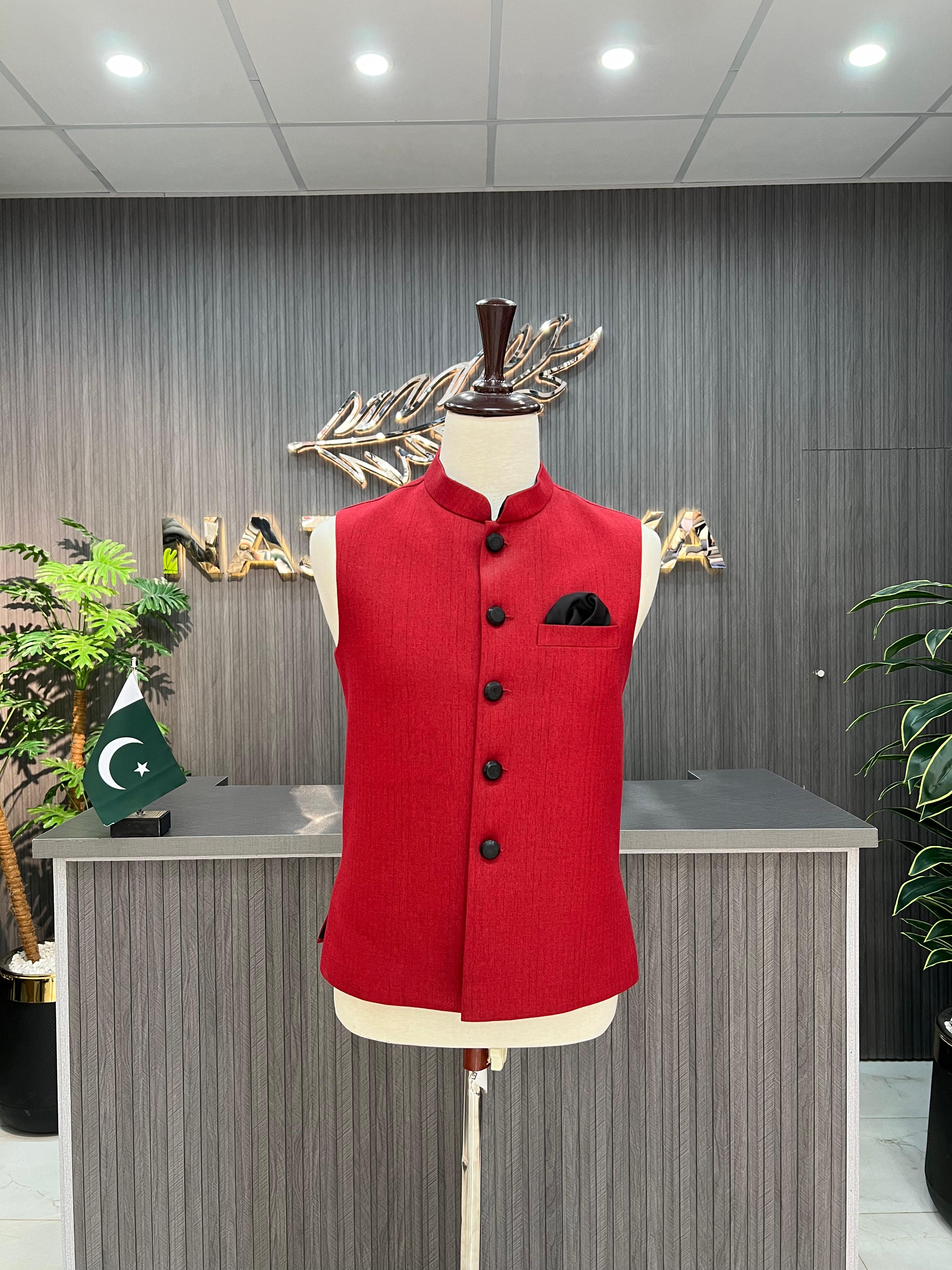 Red Plain Waistcoat For Men's Secondary image