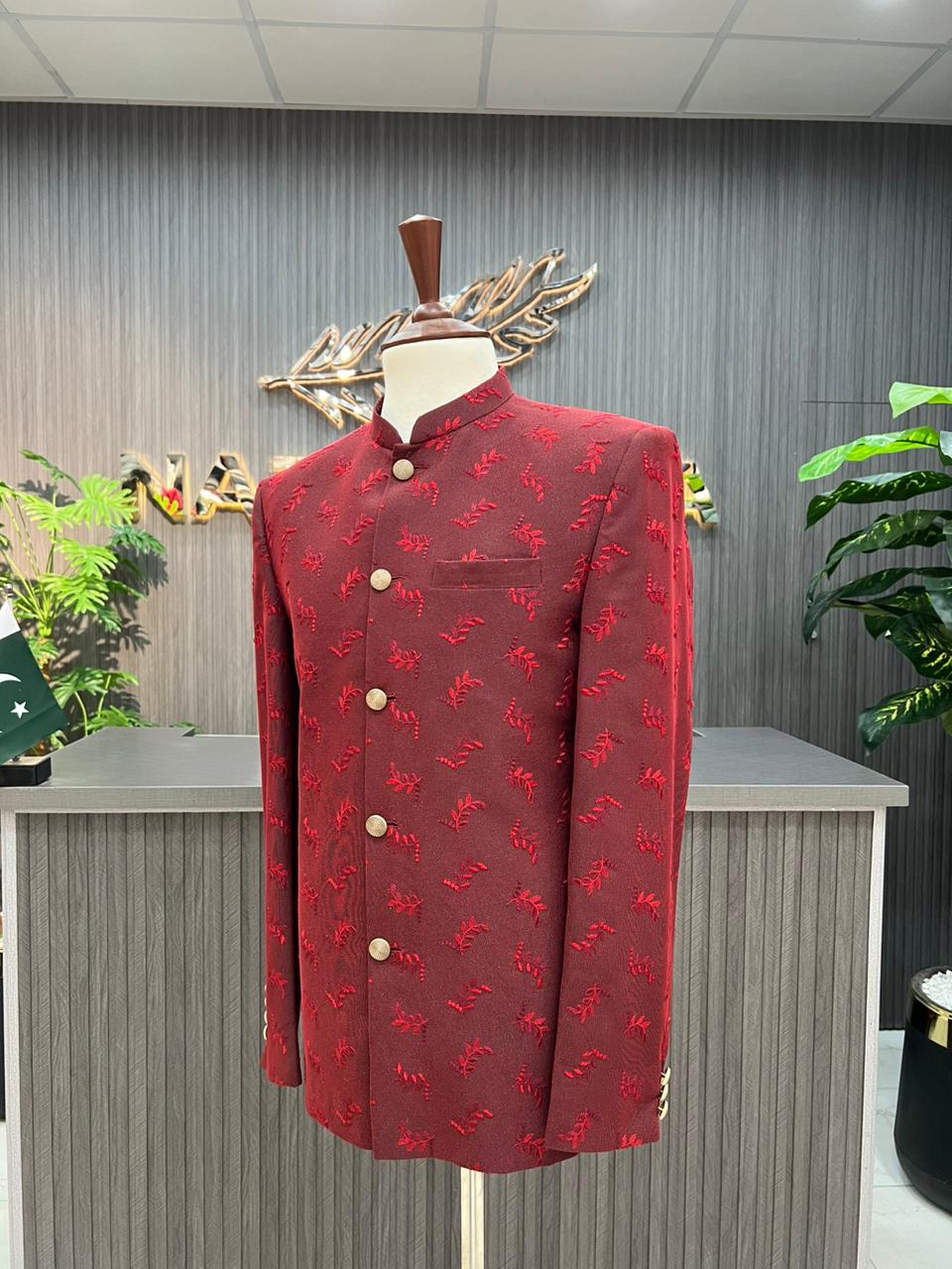 Maroon Embroidery Prince Coat For Men's
