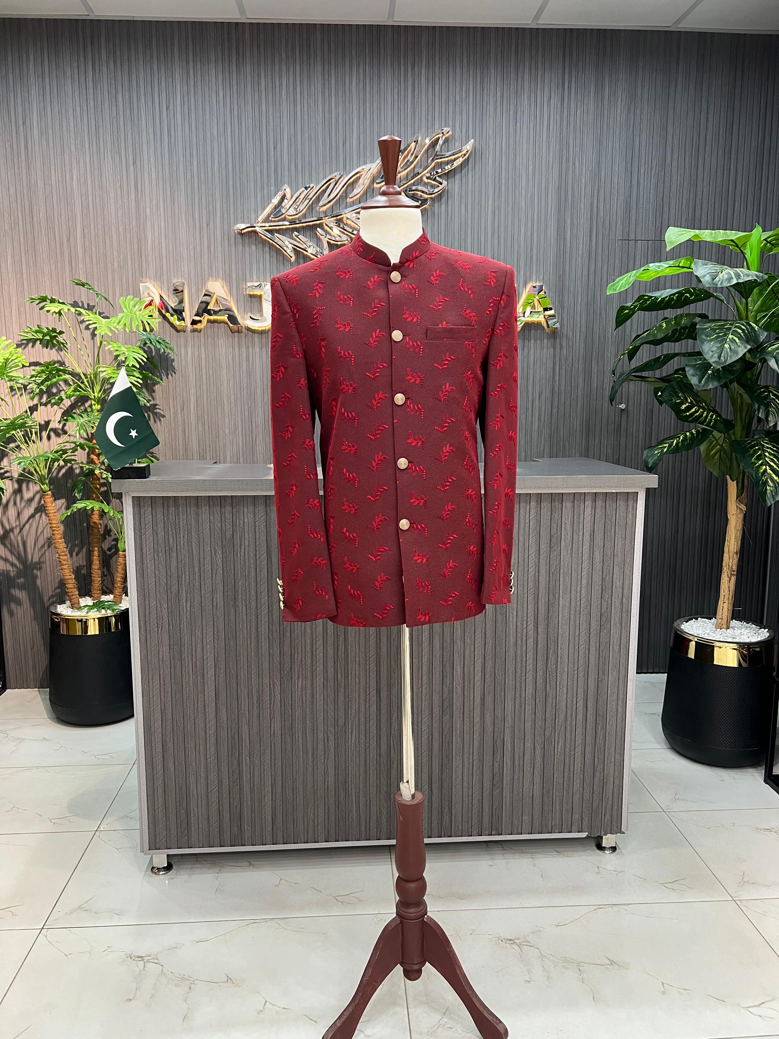 Maroon Embroidery Prince Coat For Men's Main image
