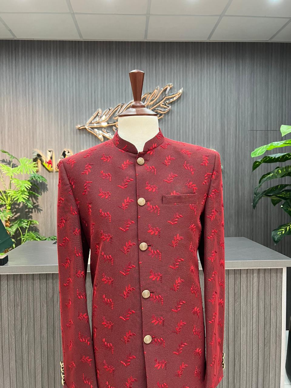 Maroon Embroidery Prince Coat For Men's Secondary image