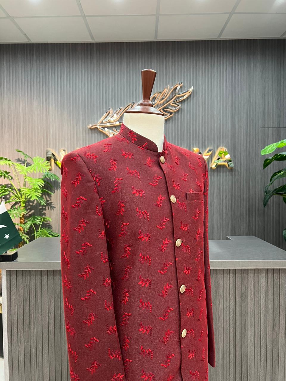 Maroon Embroidery Prince Coat For Men's