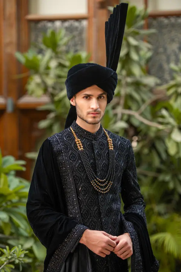 Black Velvet Embroidered Groom Sherwani with Premium Handwork