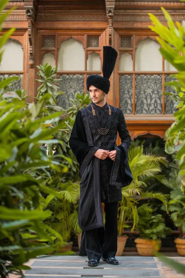 Black Velvet Embroidered Groom Sherwani with Premium Handwork