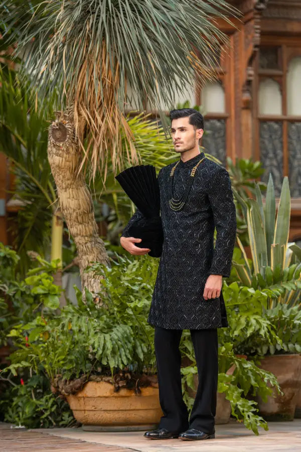 Black Velvet Embroidered Groom Sherwani with Premium Handwork