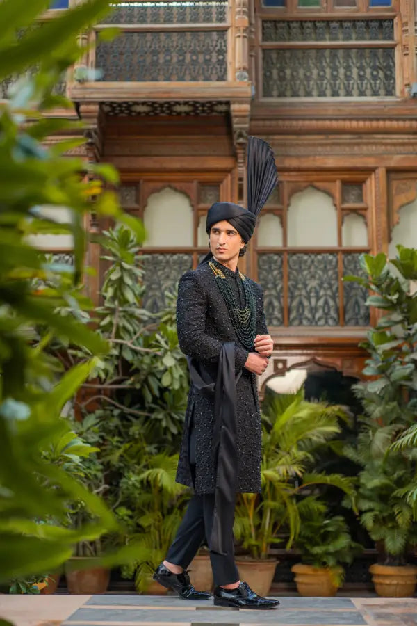 Black Embroidered Groom Sherwani with Premium Handwork