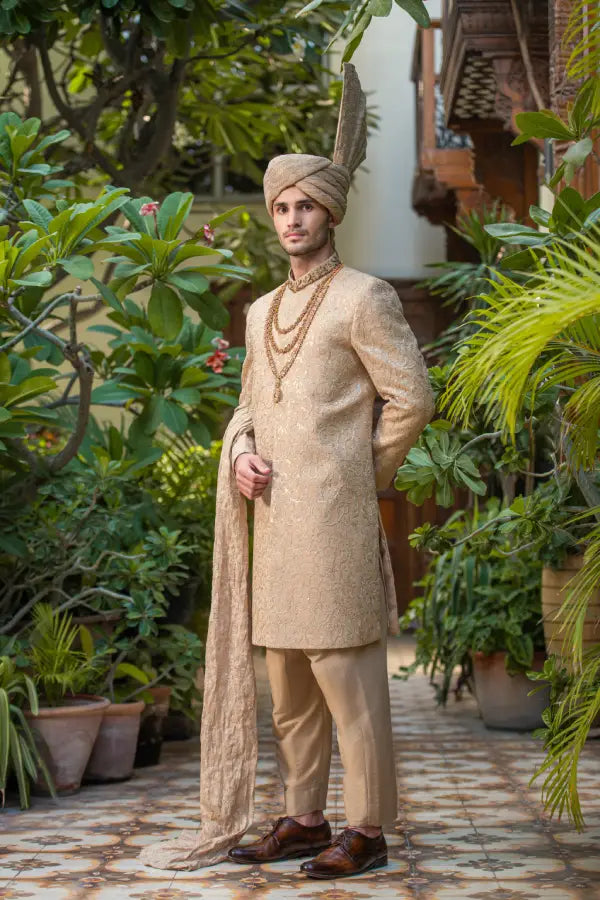 Mat Gold Embroidered Groom Sherwani