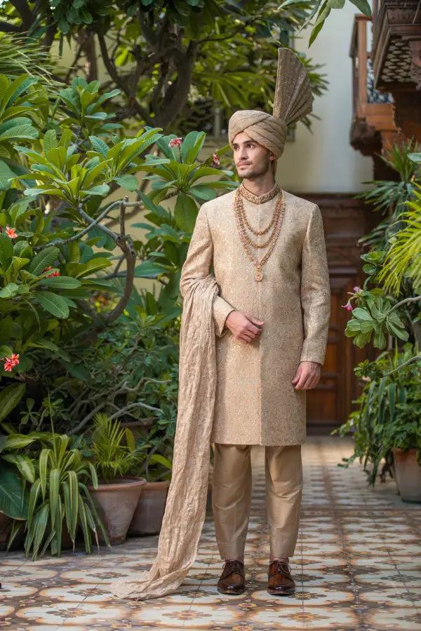 Mat Gold Embroidered Groom Sherwani
