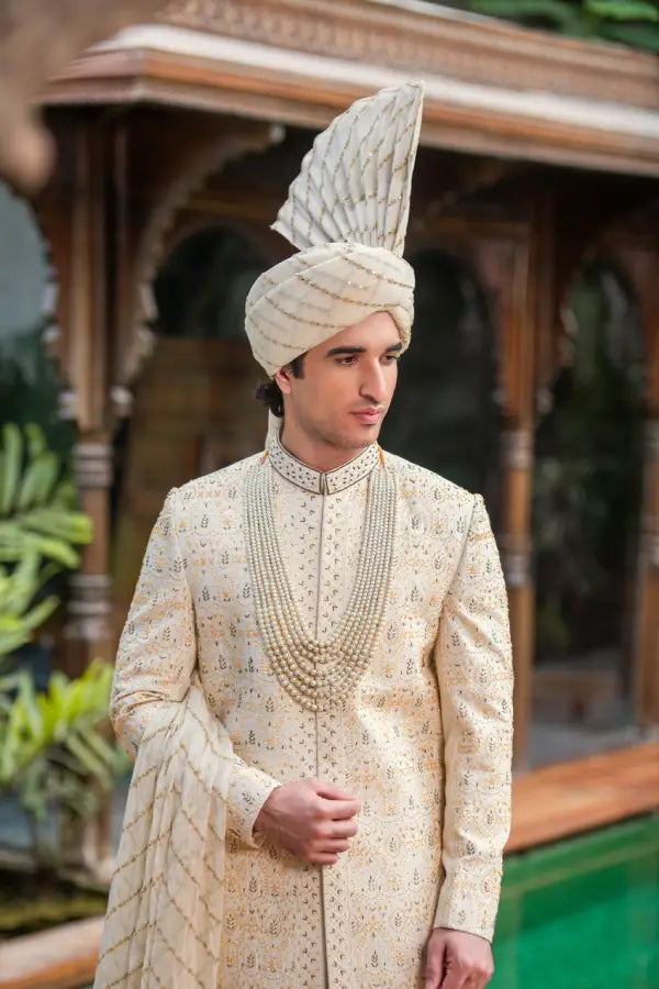 White Cream Embroidered Groom Sherwani with Premium Handwork Secondary image