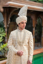 White Cream Embroidered Groom Sherwani with Premium Handwork