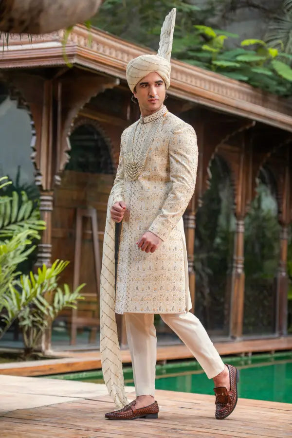 White Cream Embroidered Groom Sherwani with Premium Handwork