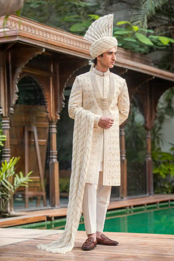 White Cream Embroidered Groom Sherwani with Premium Handwork