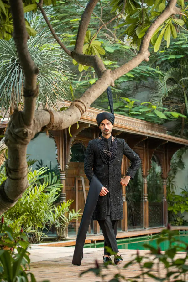 Black Embroidered Groom Sherwani with Premium Handwork