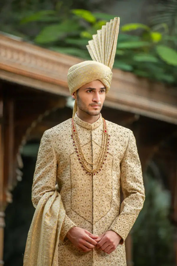 Mat Gold Embroidered Groom Sherwani with Premium Handwork
