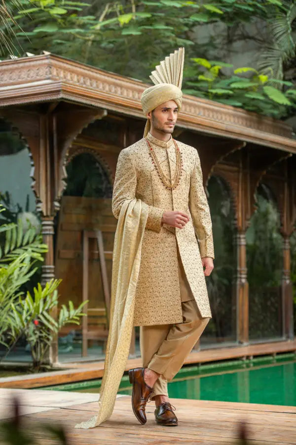 Mat Gold Embroidered Groom Sherwani with Premium Handwork Main image