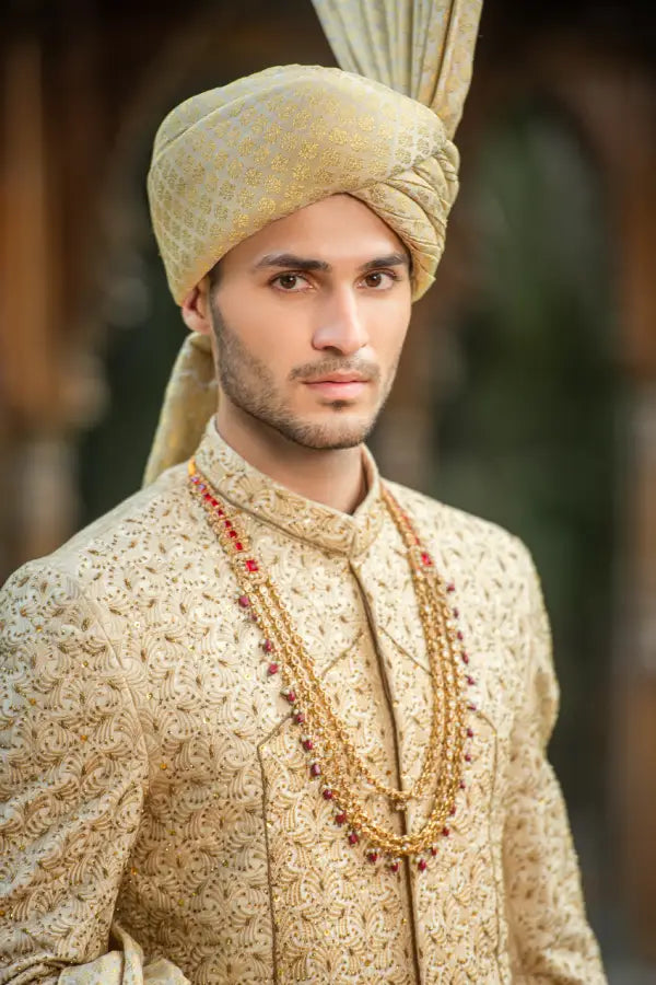 Mat Gold Embroidered Groom Sherwani with Premium Handwork
