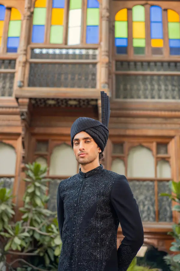 Black Handwork Groom Sherwani