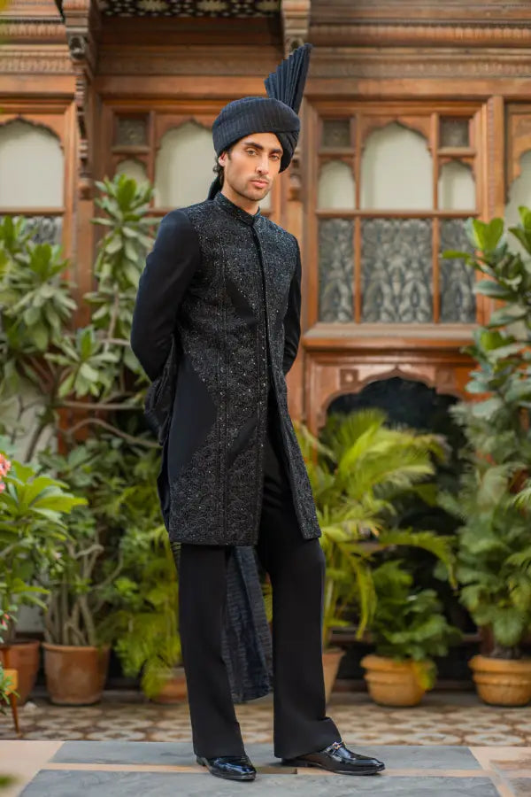 Black Handwork Groom Sherwani