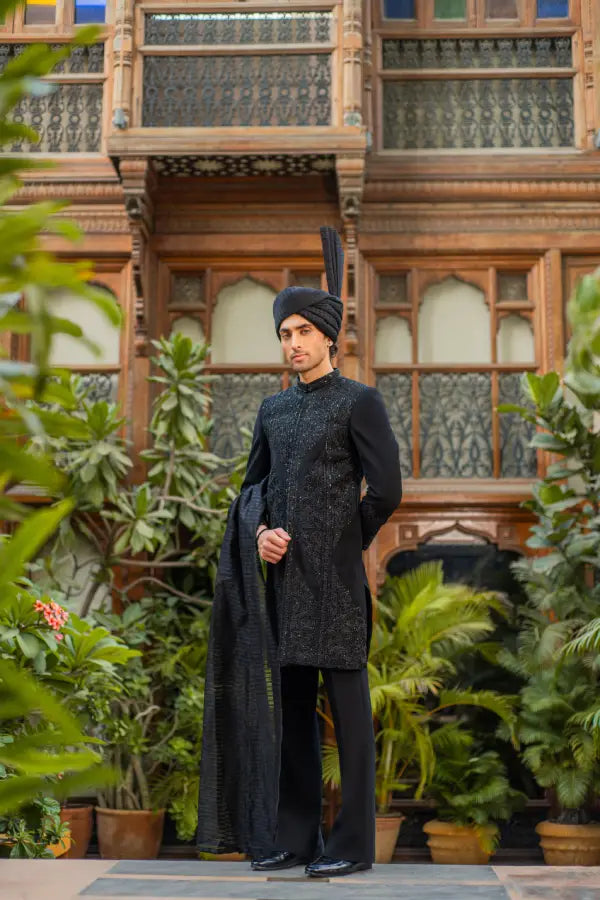Black Handwork Groom Sherwani Main image