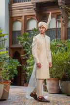 White Cream Embroidered Groom Sherwani with Premium Handwork
