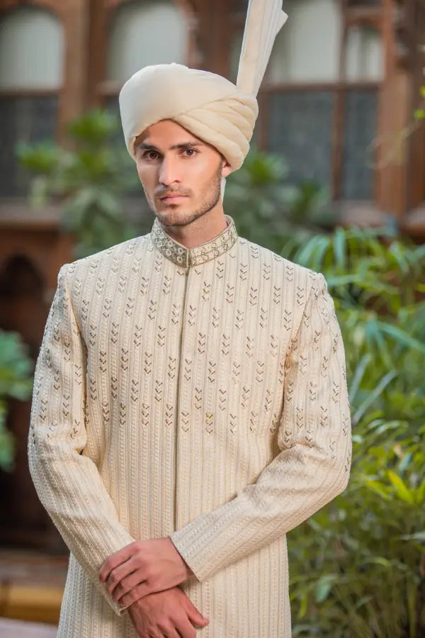 White Cream Embroidered Groom Sherwani with Premium Handwork Secondary image