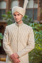 White Cream Embroidered Groom Sherwani with Premium Handwork