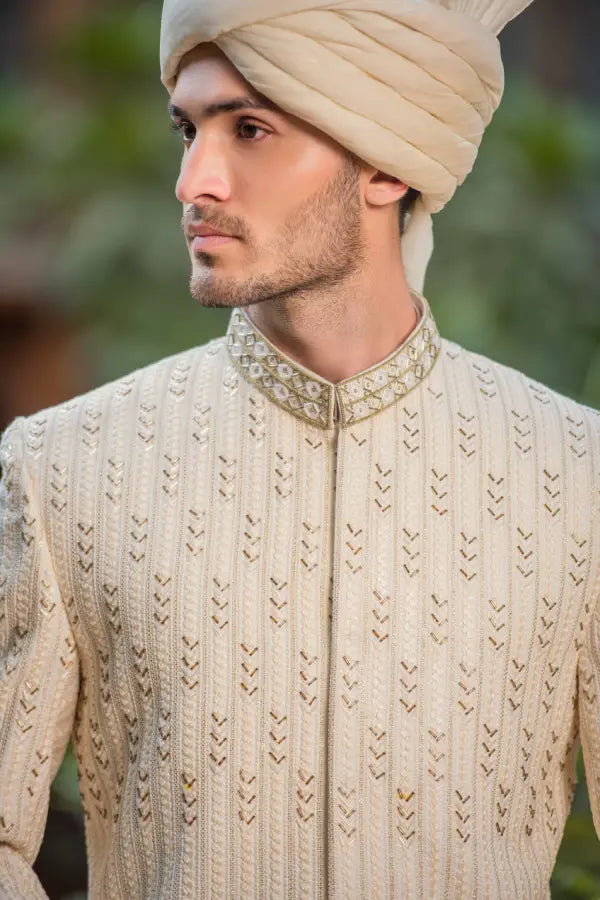 White Cream Embroidered Groom Sherwani with Premium Handwork