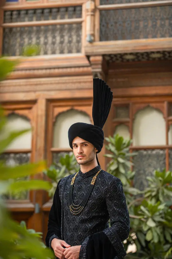 Black Velvet Embroidered Groom Sherwani with Premium Handwork