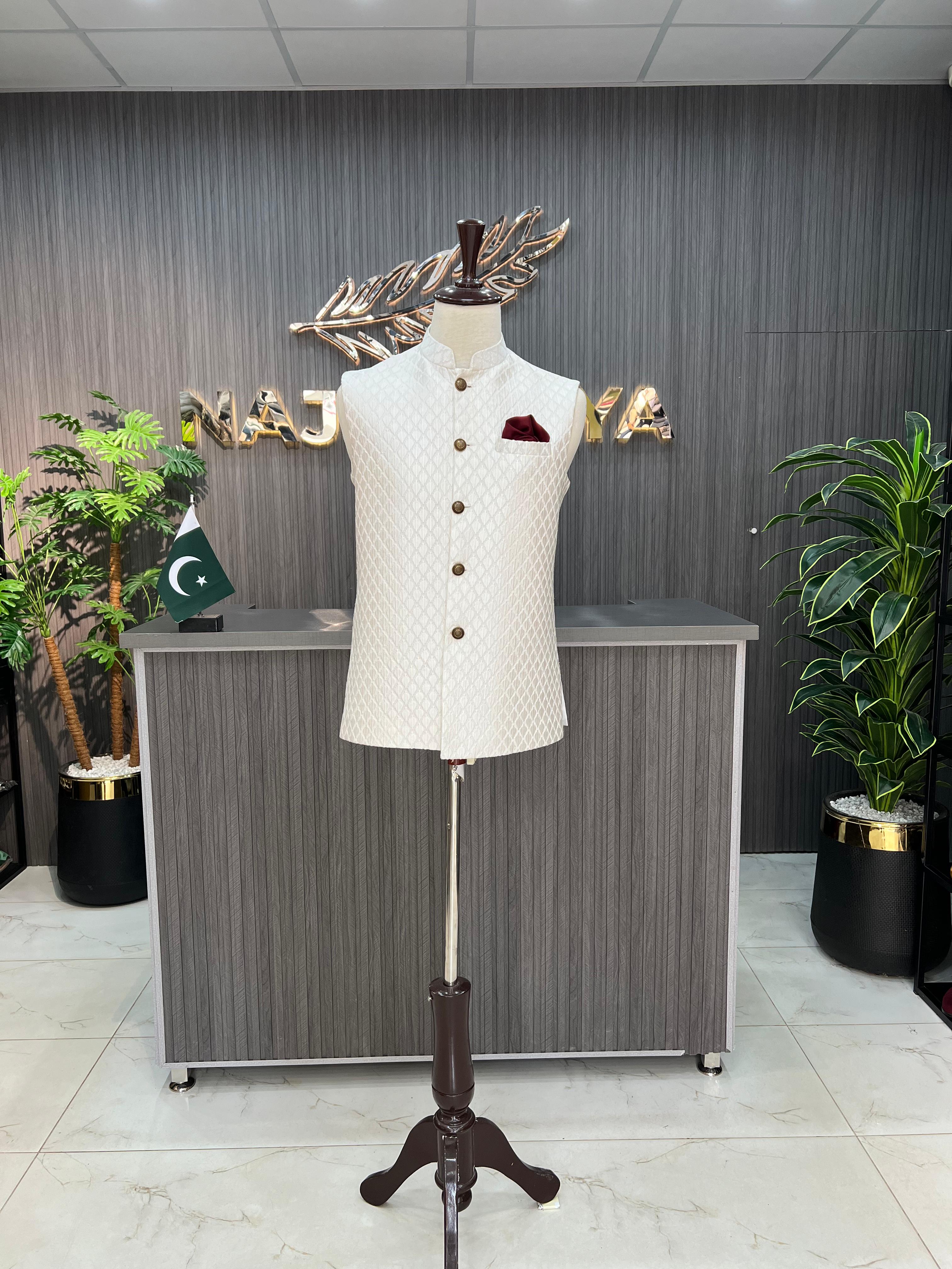White Embroidery Waist Coat For Men's Main image