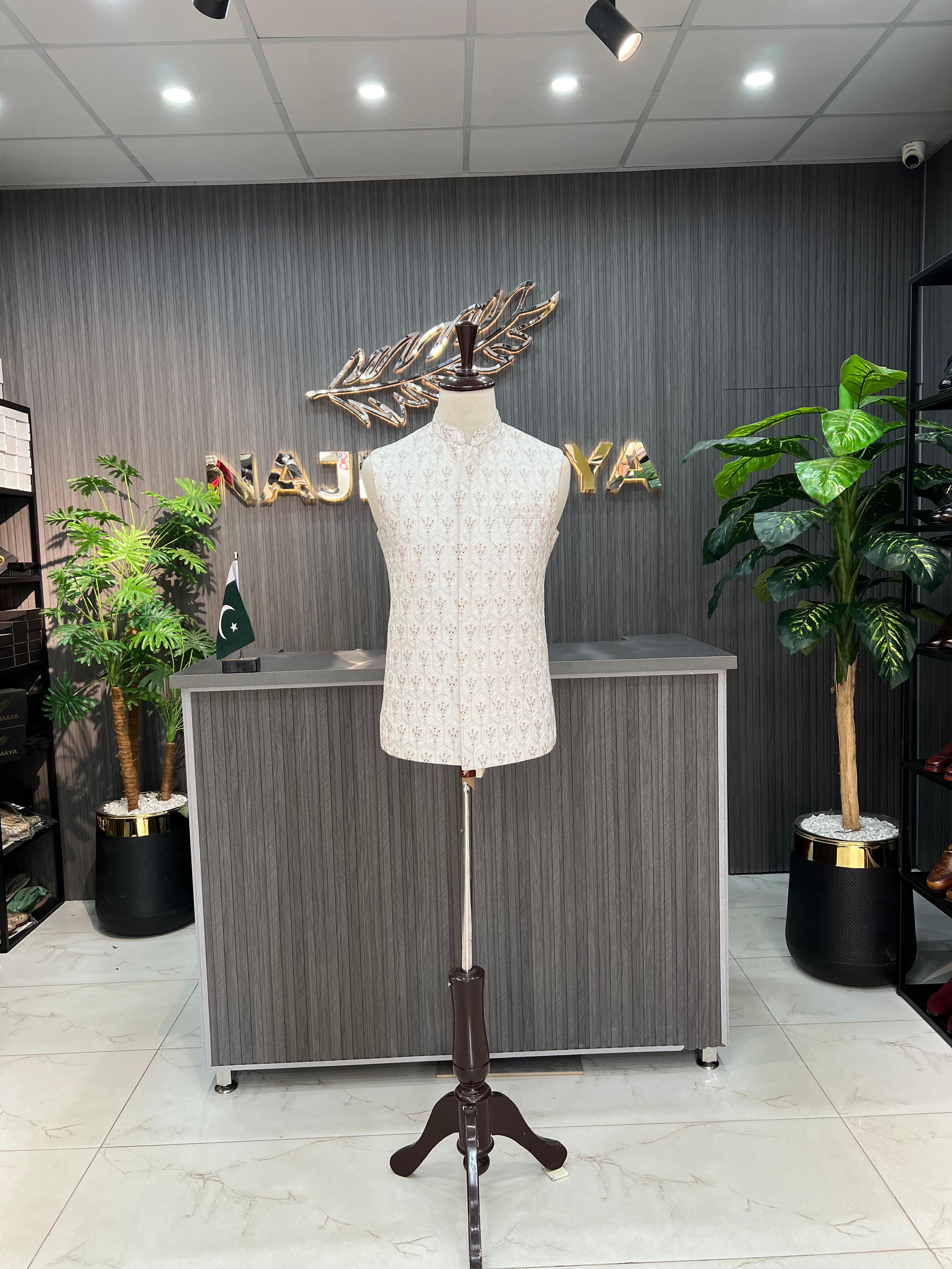 White Embroidery Waistcoat For Men's Main image