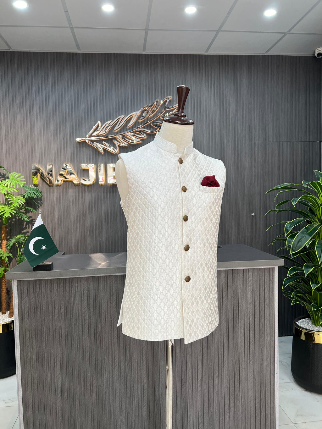 White Embroidery Waist Coat For Men's