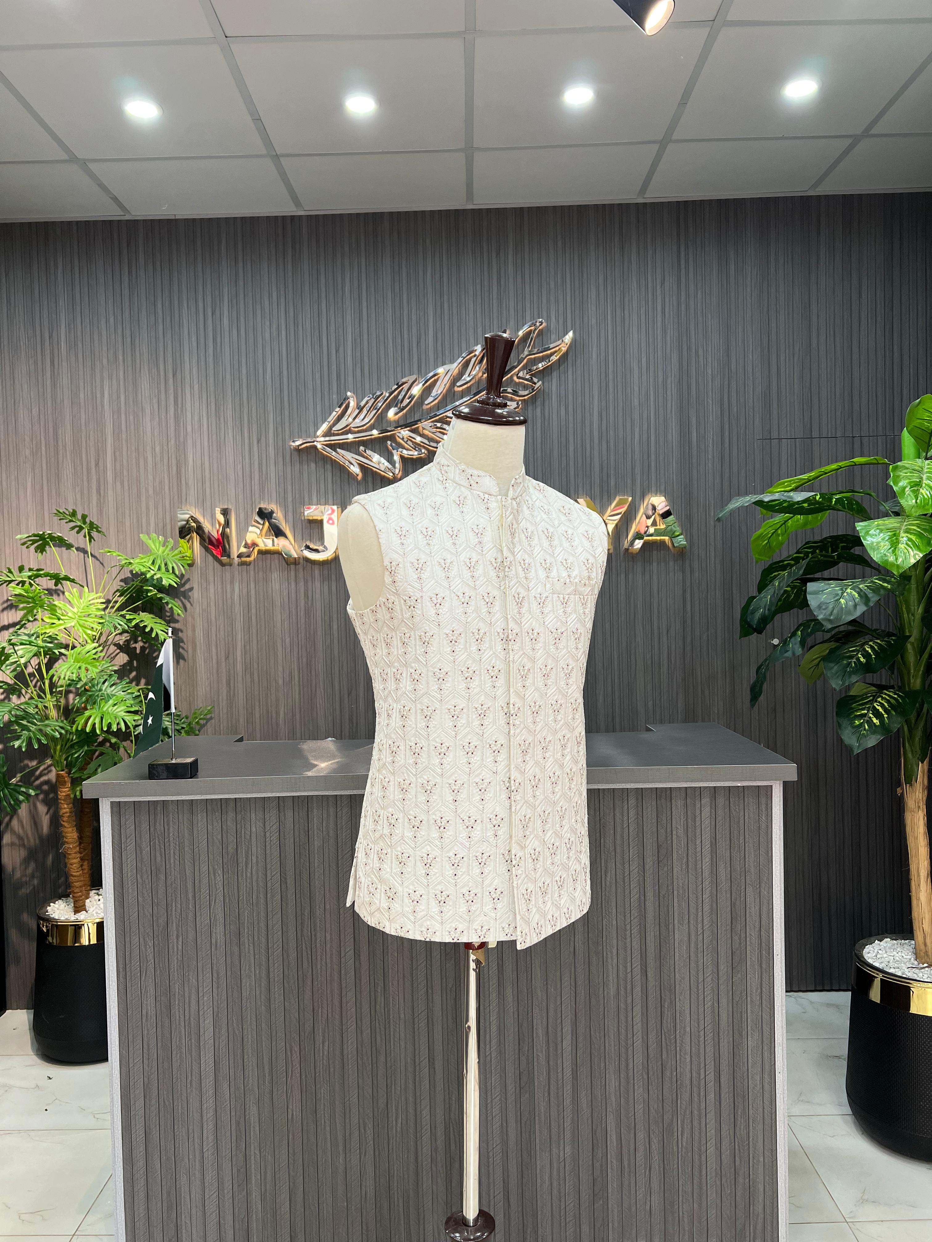 White Embroidery Waistcoat For Men's