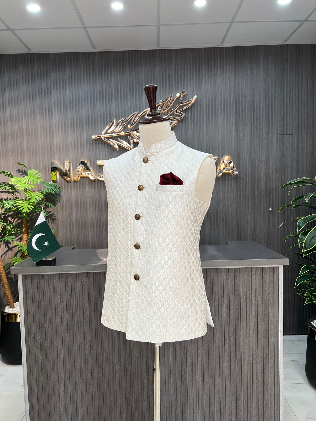 White Embroidery Waist Coat For Men's